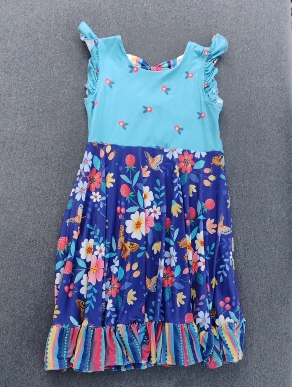 Girls Aqua & Navy Floral Ruffle Hem Casual Dress